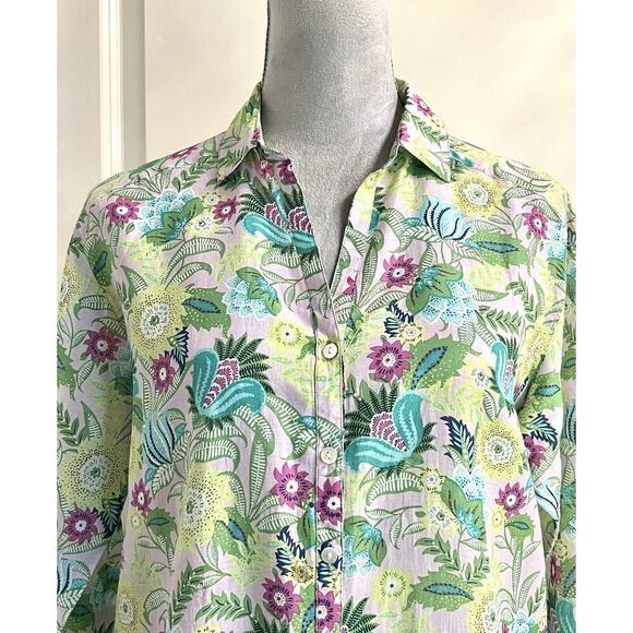 J. Jill Jasmine Floral Button Down Blouse Cotton Silk XS Spring Summer Tropical - Picture 3 of 9